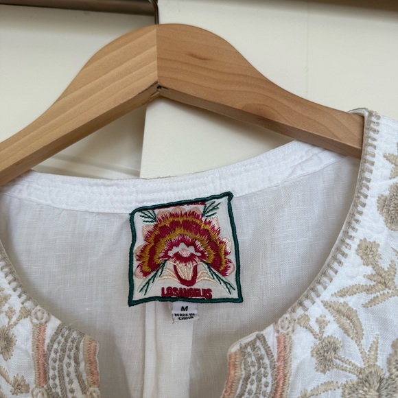 Johnny Was Embroidered 100% Linen White Tan Dress - Picture 6 of 8